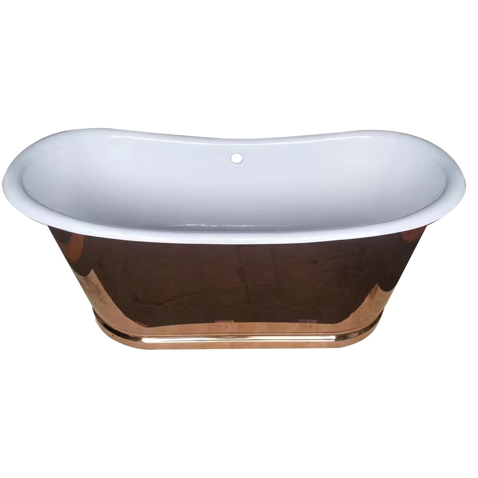 Cast Iron Champagne Gold bathtub with double slipper design, stainless accents and custom size options for luxury bathrooms