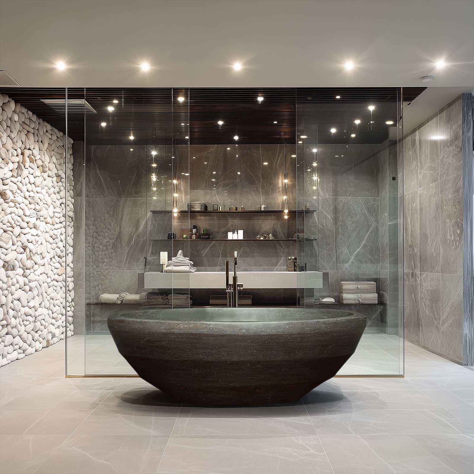 Elite Free Standing Basalt Round Tub Stone Soaking Bathtub EM-D02