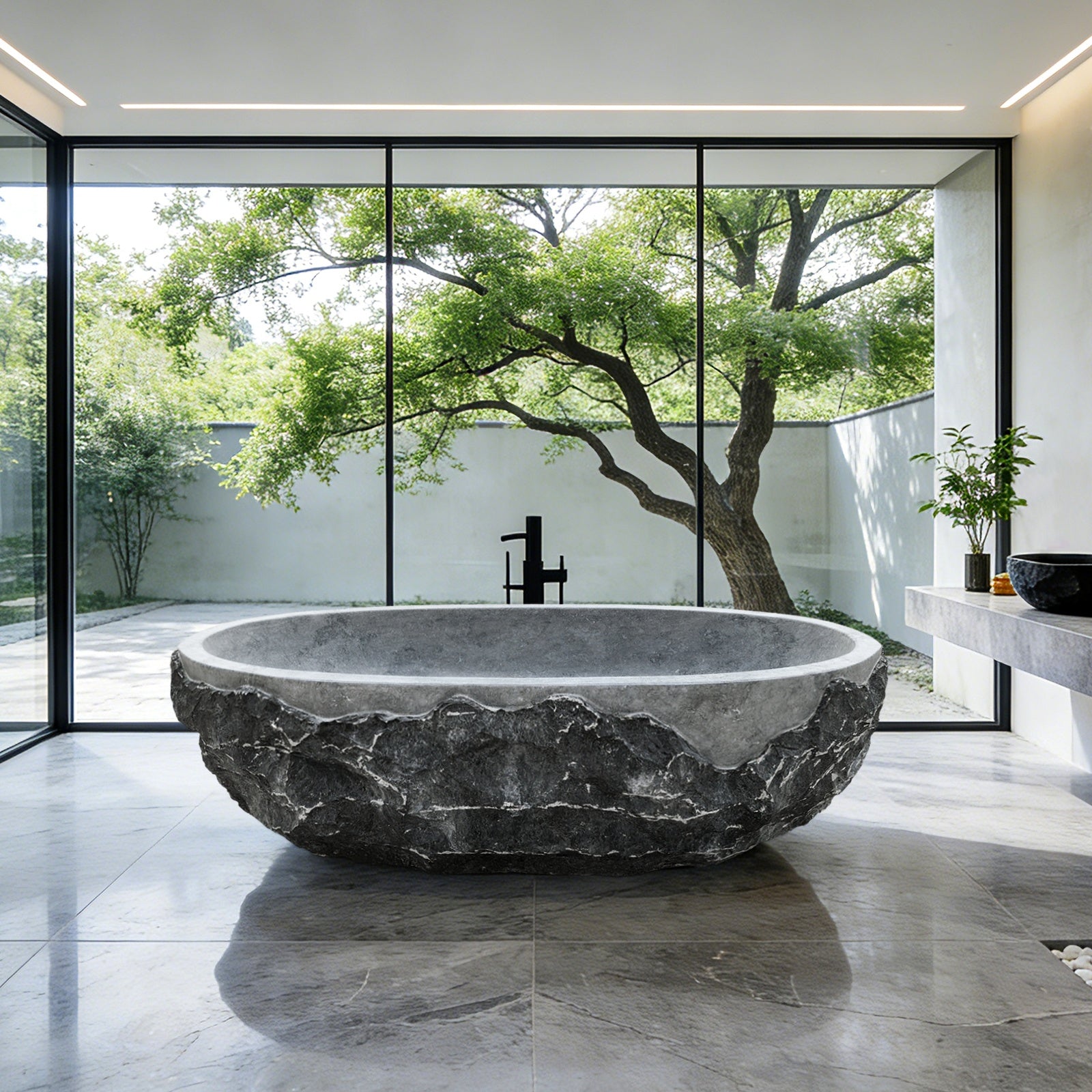 Elite Rough Edge Black & White Root Marble Freestanding Bathtub Soaking Tub ET-M-O33