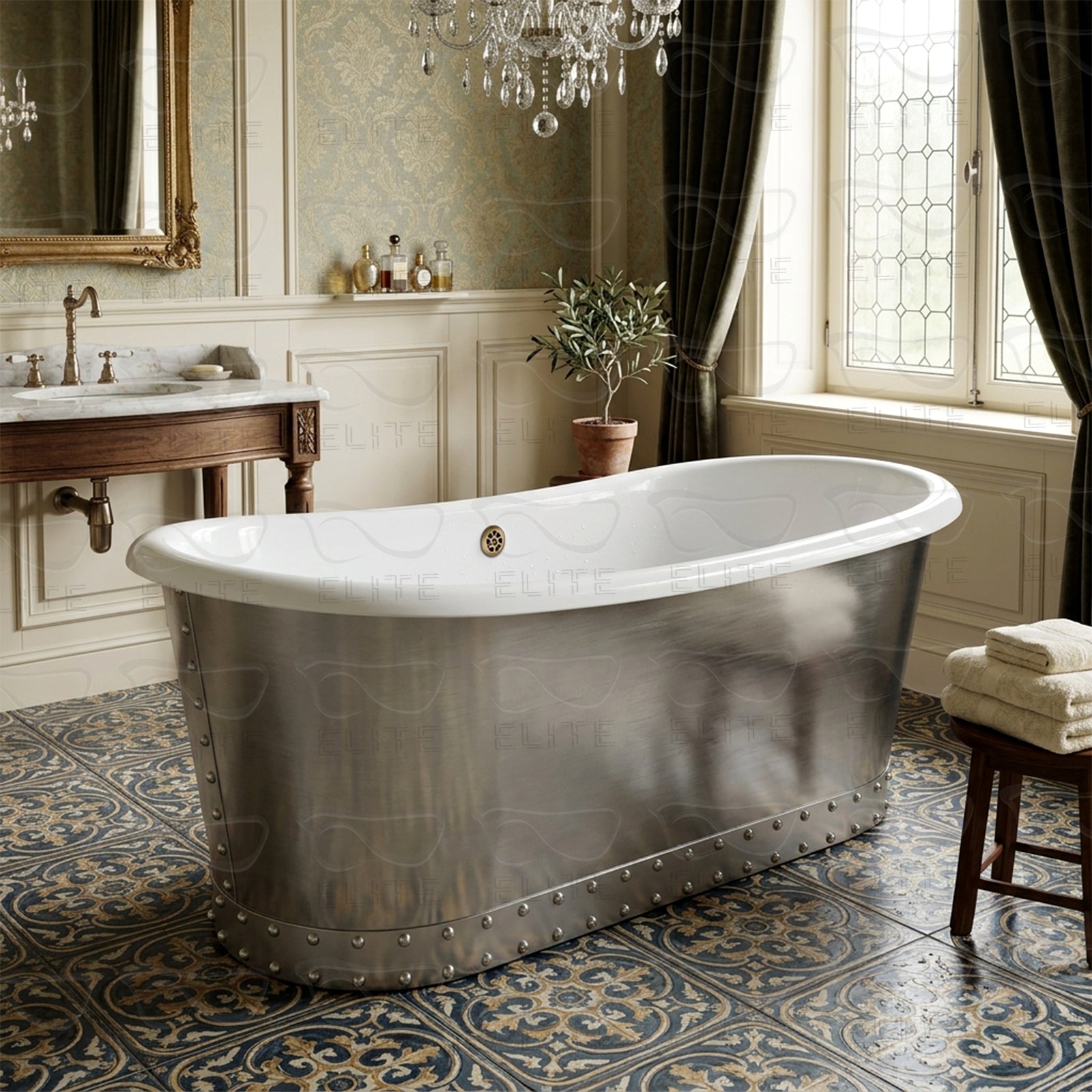 Elite Double Slipper Cast Iron Freestanding Bathtub with Stainless Steel Skirts ET-IS-DE07