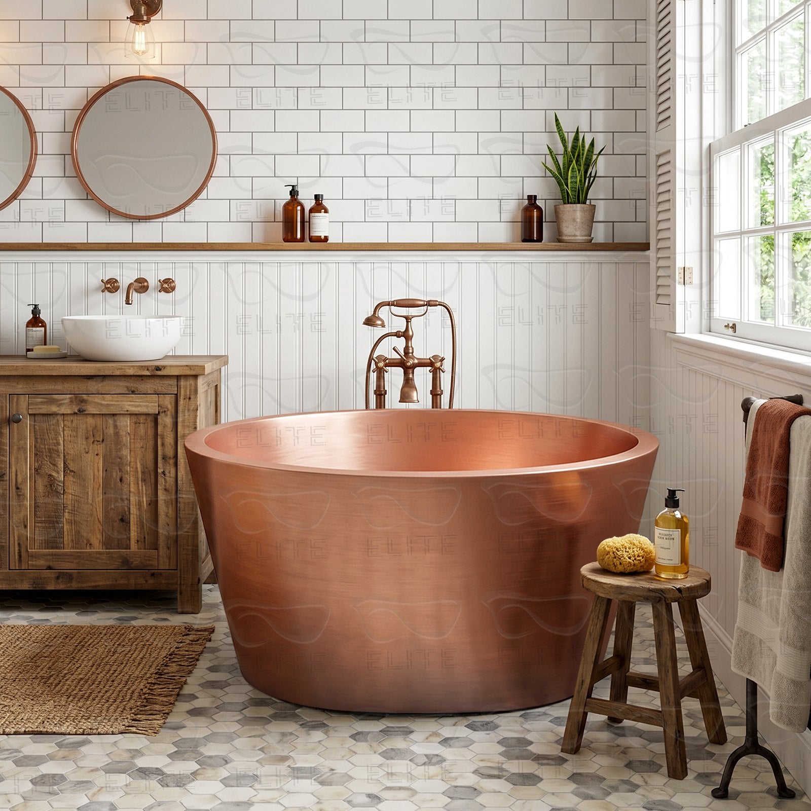 Modern bathroom with a deep soaking natural copper bathtub