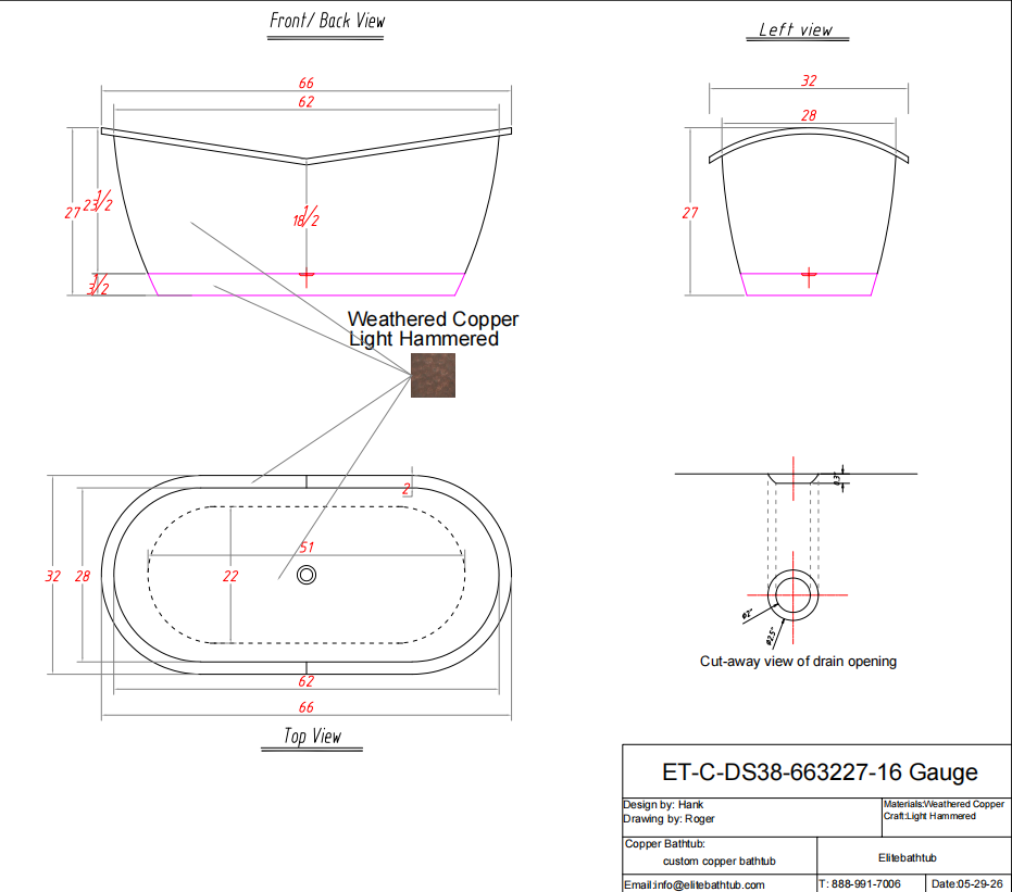 Elite Handcrafted Double-Slipper Copper Freestanding Bathtub with Curved Design ET-C-DS38