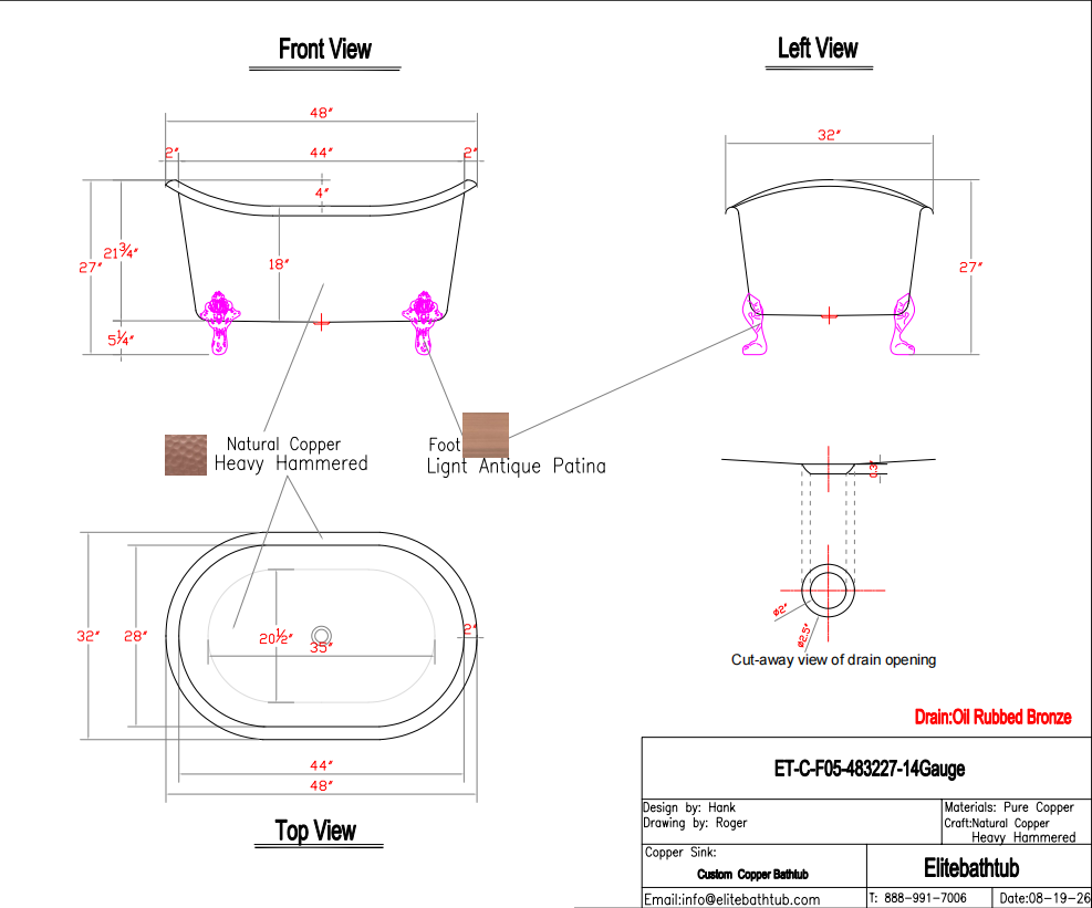 Elite Double-Slipper Hammered Copper Freestanding Bathtub with Clawfoot ET-C-F05