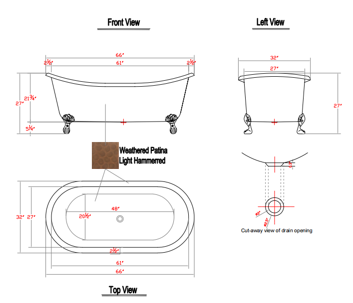 Elite Double-Slipper Handcrafted Hammered Copper Freestanding Bathtub with Clawfoot ET-C-F07