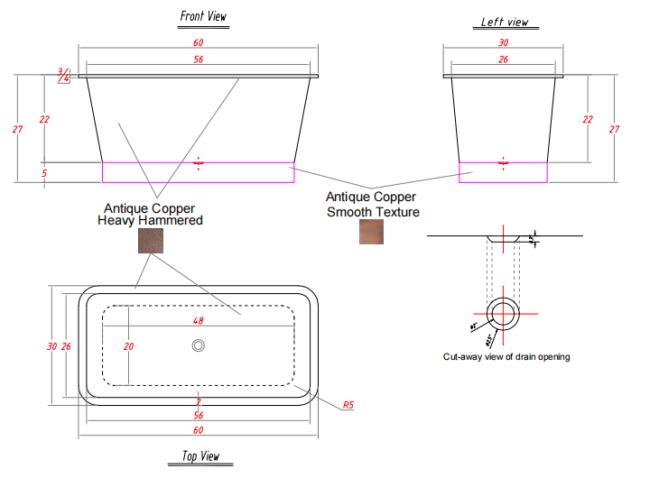 Elite Hammered Rectangle Copper Freestanding Pedestal Bathtub ET-C-L01