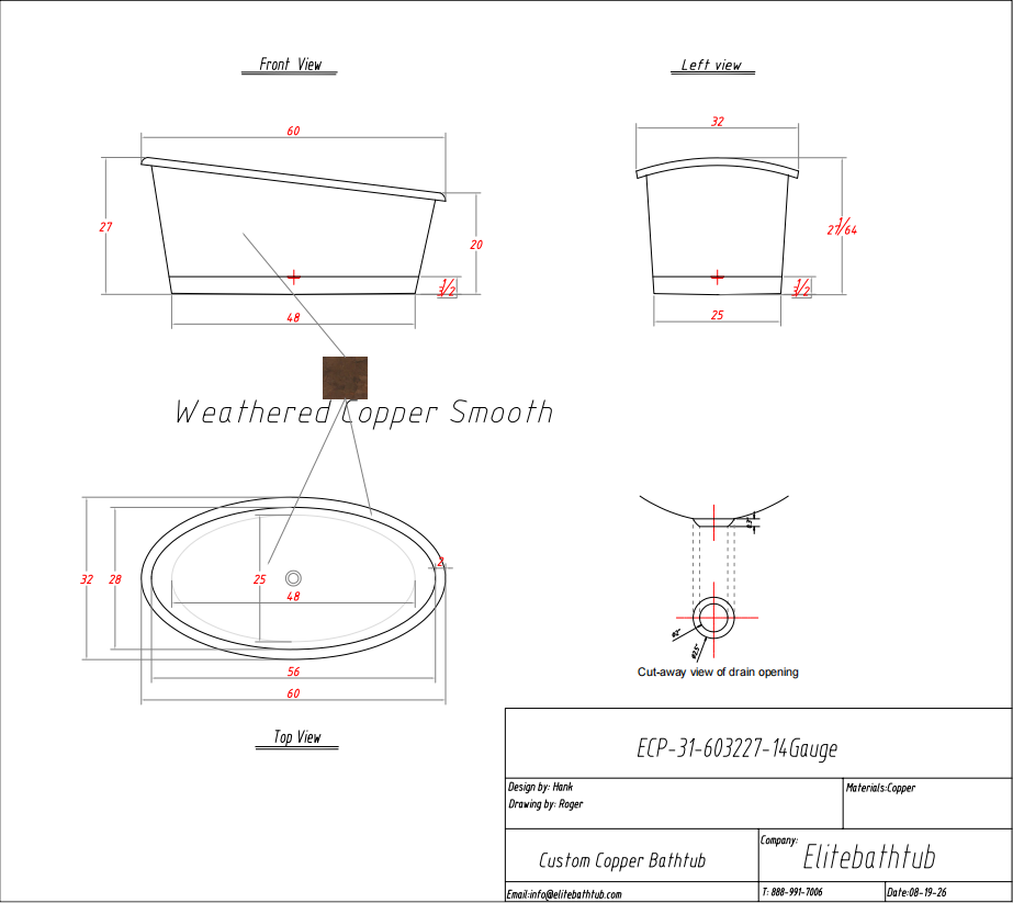Elite Single-Slipper Rustic Copper Freestanding Bathtub ET-C-SS02