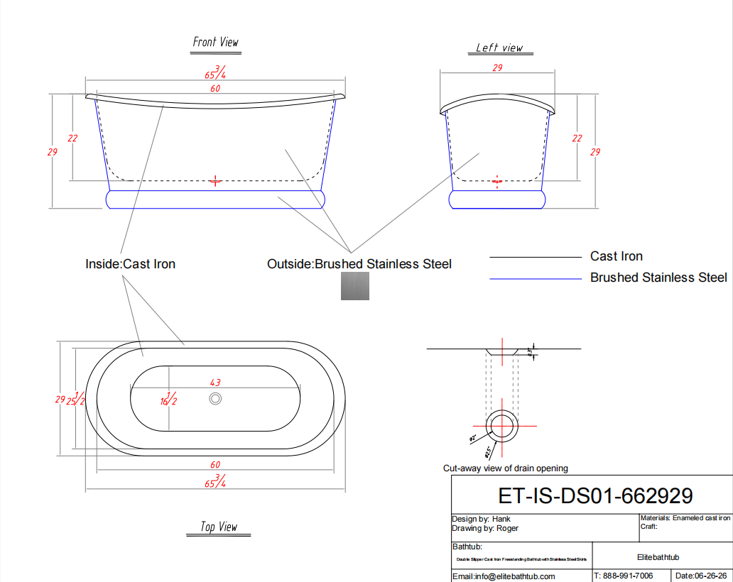 Elite Cast Iron Double Slipper Chrome Stainless Soaking Freestanding Tub ET-IS-DS01