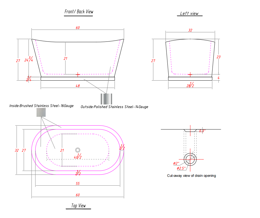 Elite Custom Double-Ended Stainless Steel Soaking Freestanding Bathtub ET-SS-DE01