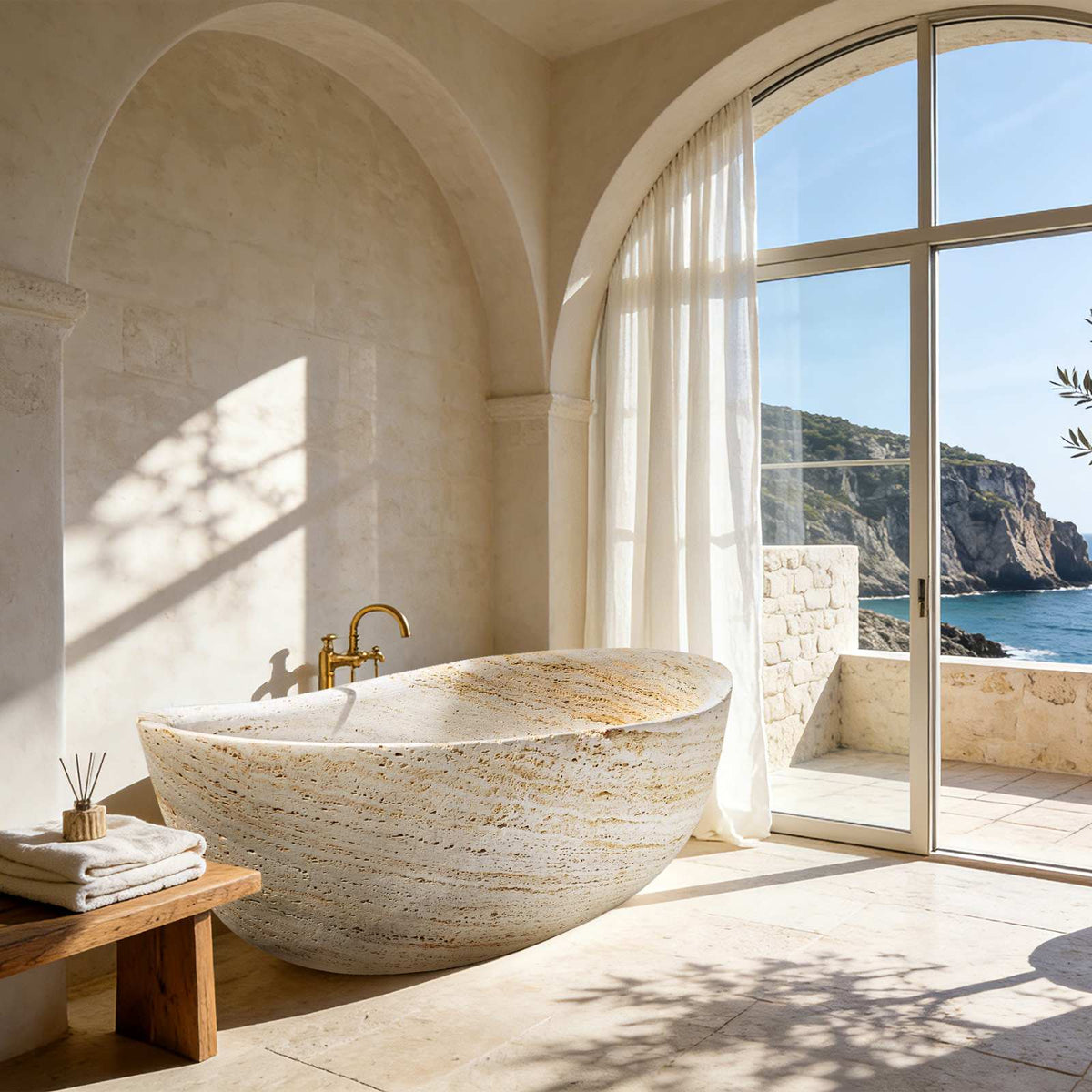 Elite Custom Hand-carved Natural Travertine Bathtub Freestanding Tub ET-M-T15