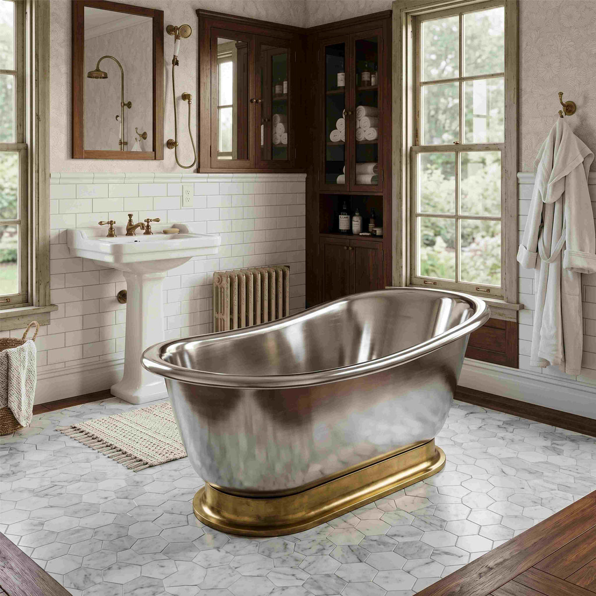 Elite Custom Single-Slipper Stainless Steel Freestanding Bathtub with Gold Brass Base ET-S-SS01
