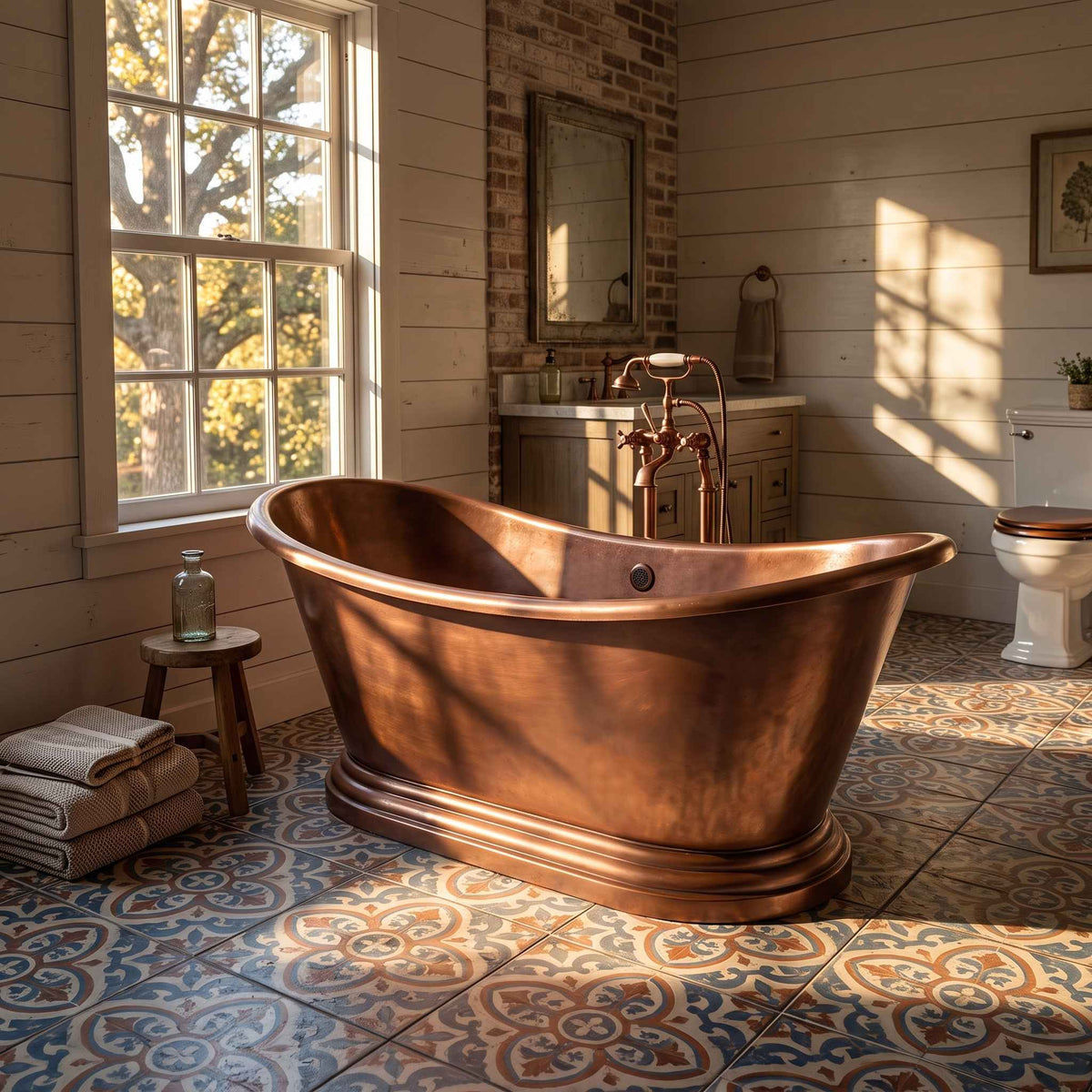 Elite Double-Slipper Fired Copper Freestanding Pedestal Bathtub ET-C-DS44
