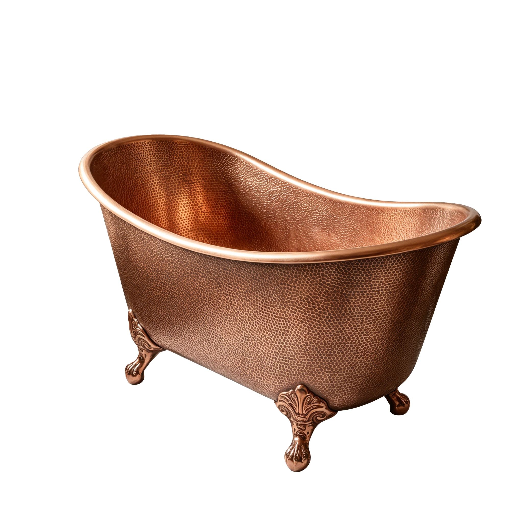 Ornate Copper Clawfoot Soaking Tub, Textured Hammered Exterior in a Traditional Bathroom Setting