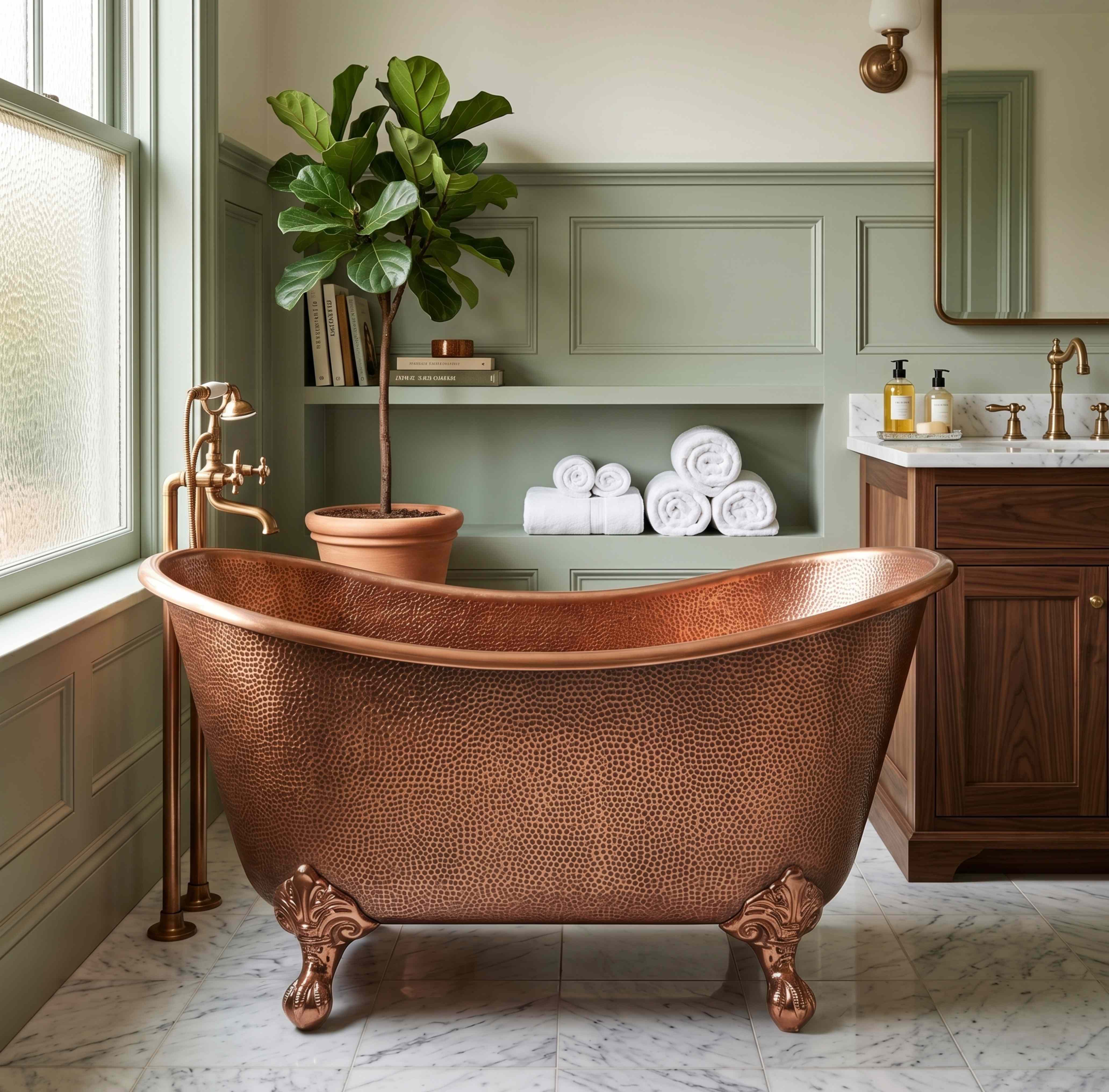 Hammered Copper Clawfoot Freestanding Bathtub with Ornate Feet, Luxury Farmhouse Bathroom Design