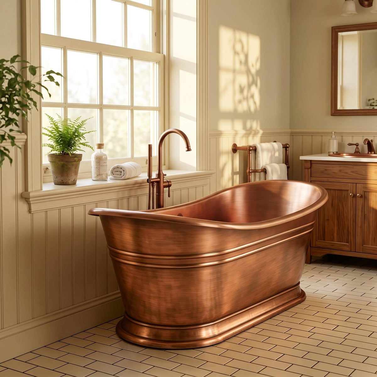 Elite Double-Slipper Natural Copper Freestanding Bathtub with Decorative Bands ET-C-DS41