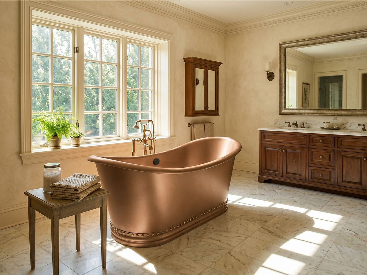 Elite Double-Slipper Natural Copper Freestanding Bathtub with Rivets ET-C-DS43