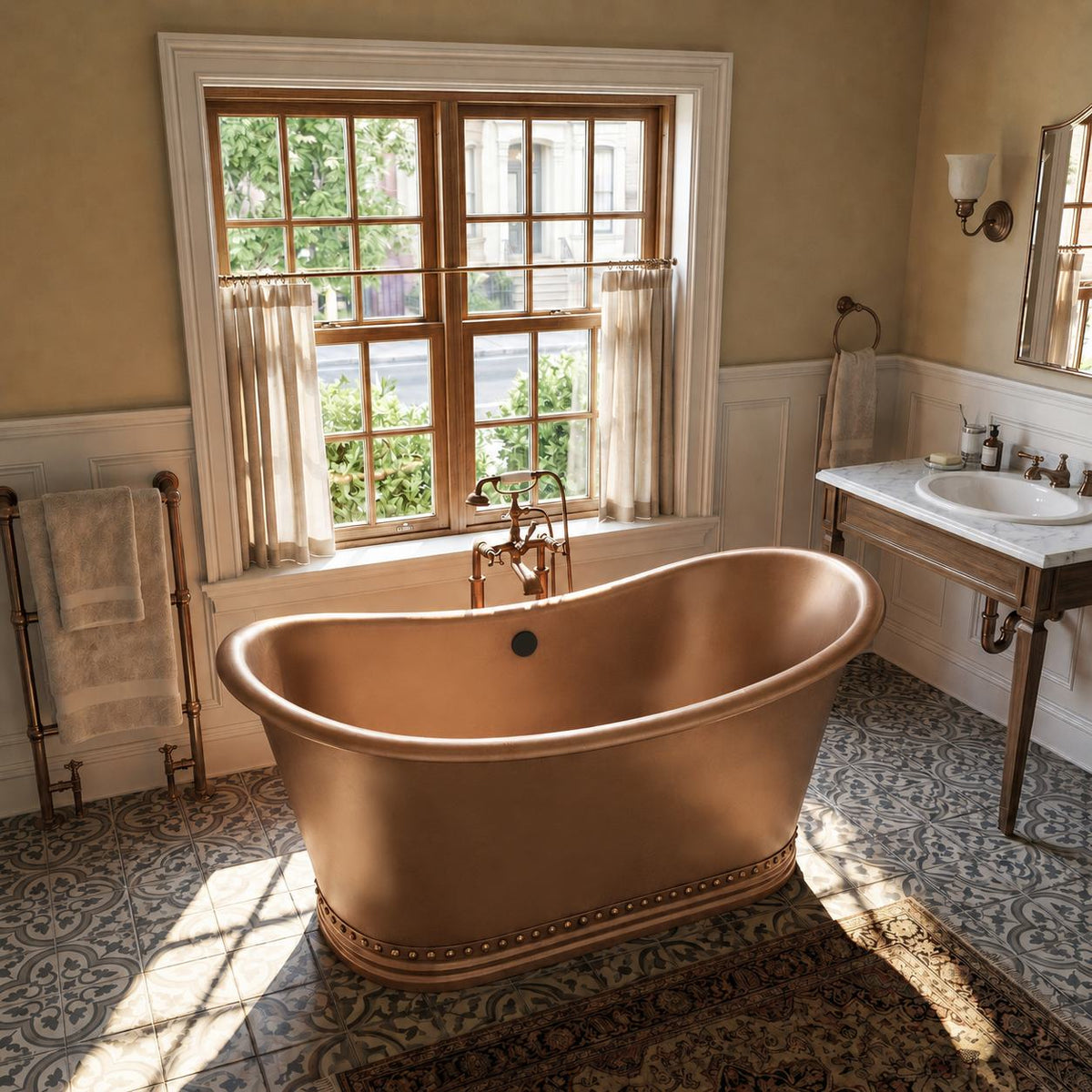 Elite Double-Slipper Natural Copper Freestanding Bathtub with Rivets ET-C-DS43