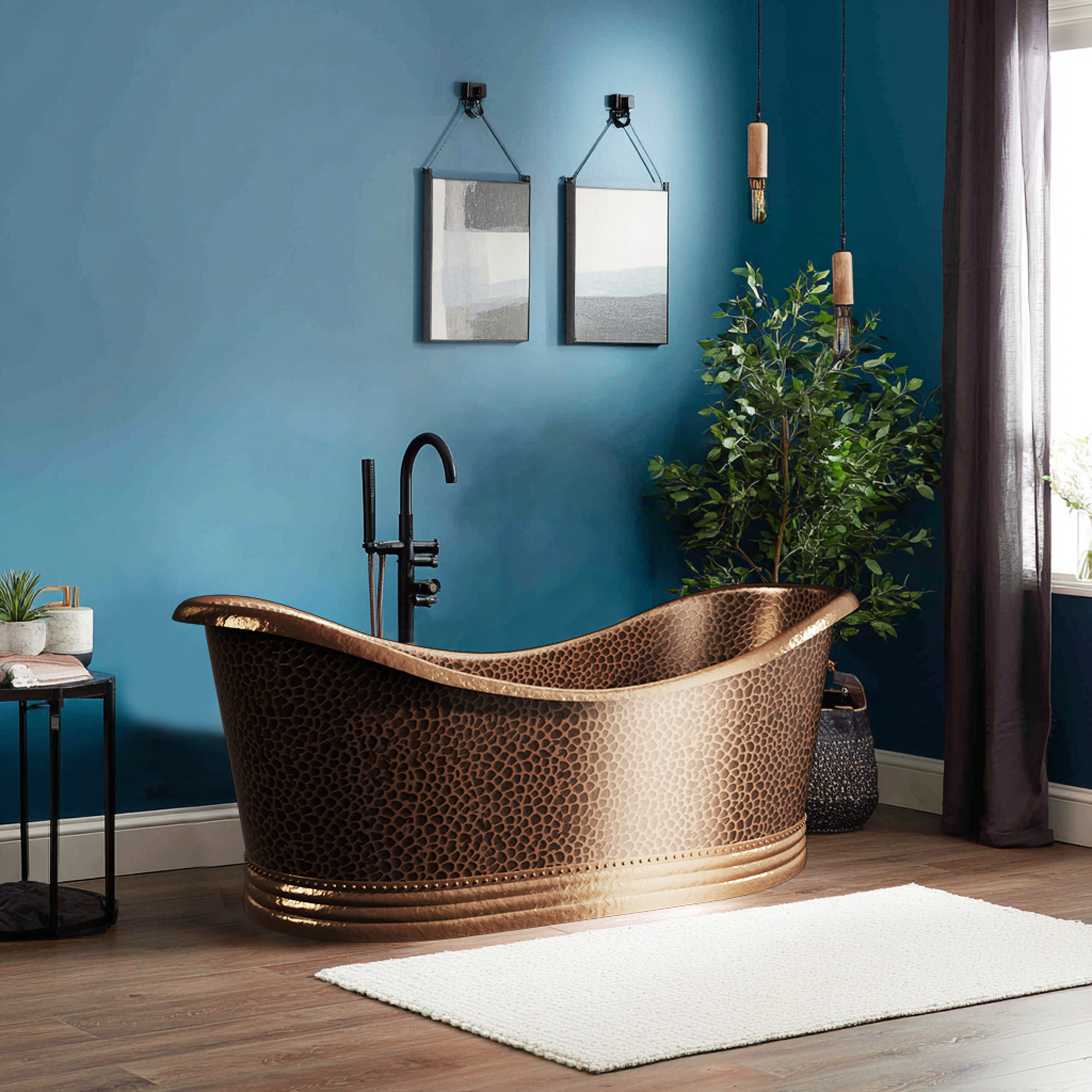 Elite Double-Slipper Pedestal Hammered Vintage Copper Freestanding Bathtub ECP-29