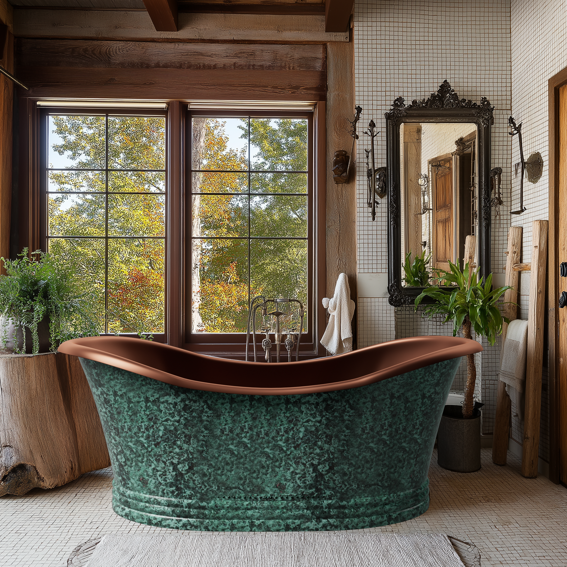 EliteDouble-SlipperPedestalRusticGreenCopperFreestandingBathtubECP-26