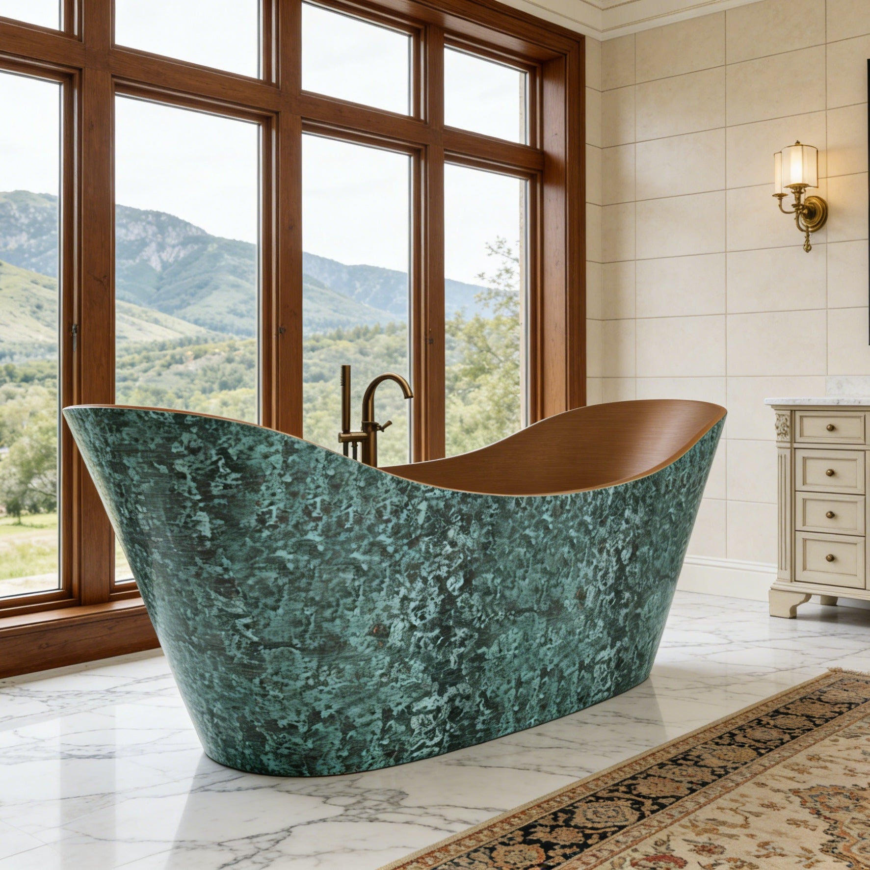Elite Double-Slipper Pedestal Rustic Green Copper Freestanding Bathtub ECP-30