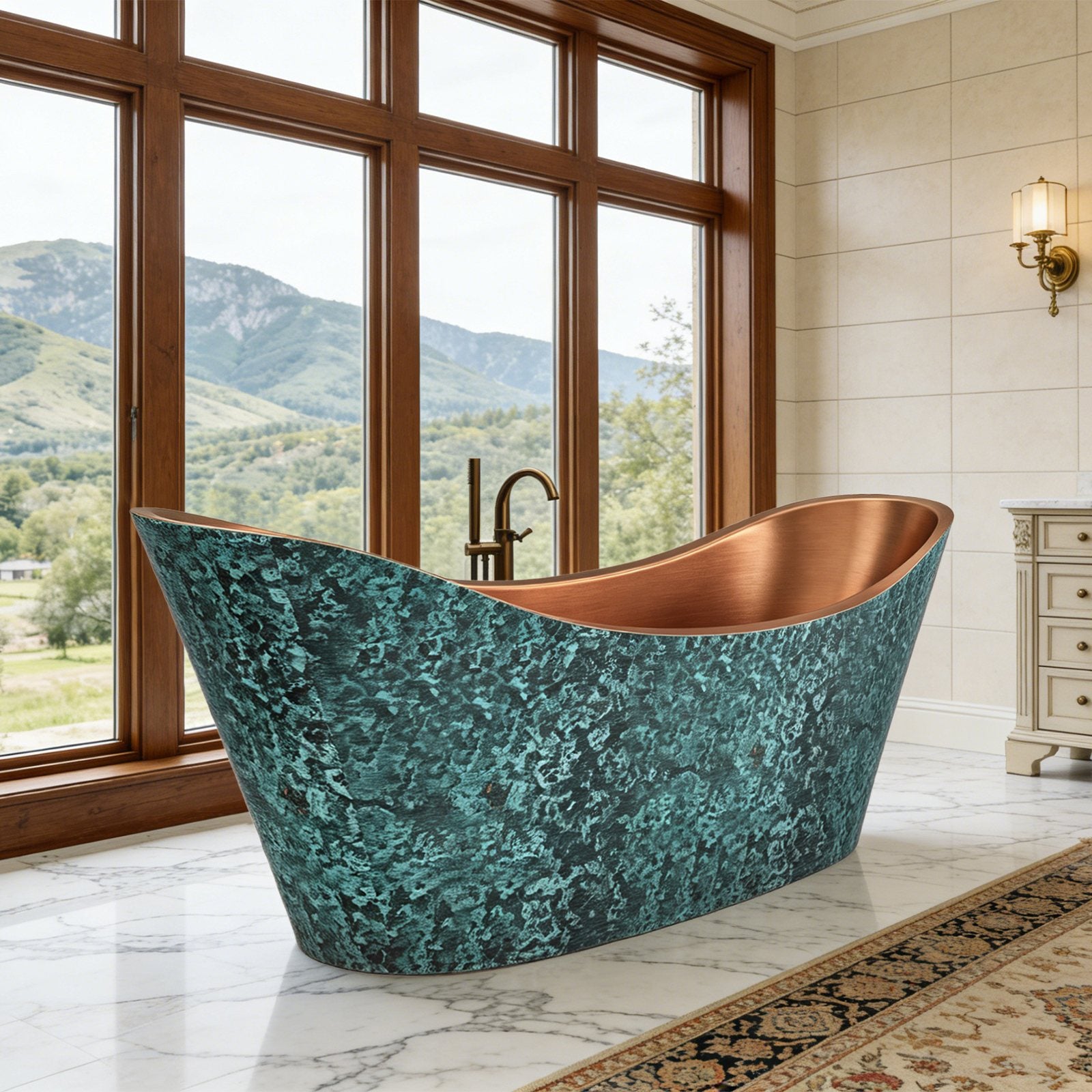 Elite Double-Slipper Pedestal Rustic Green Copper Freestanding Bathtub ET-C-DS15