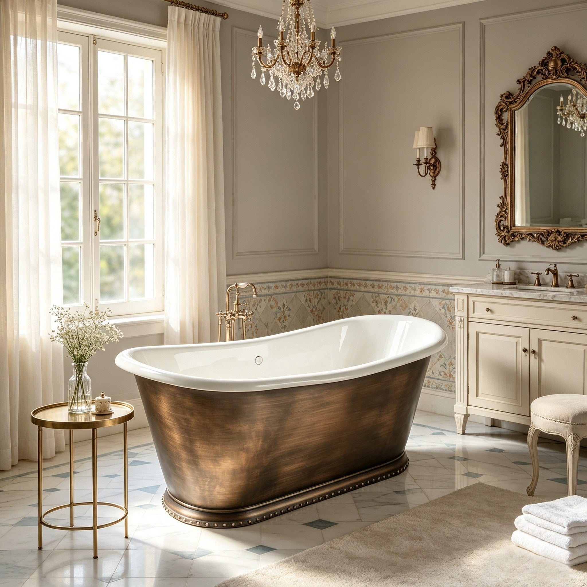 Elite Double-Slipper Vintage Freestanding Bathtub with Copper Skirts ET-IC-DS10