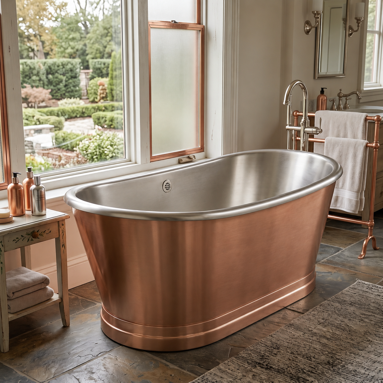 Elite Double‑Ended Copper Natural Freestanding Bathtub with Stainless Steel Liner ET-C-DE09