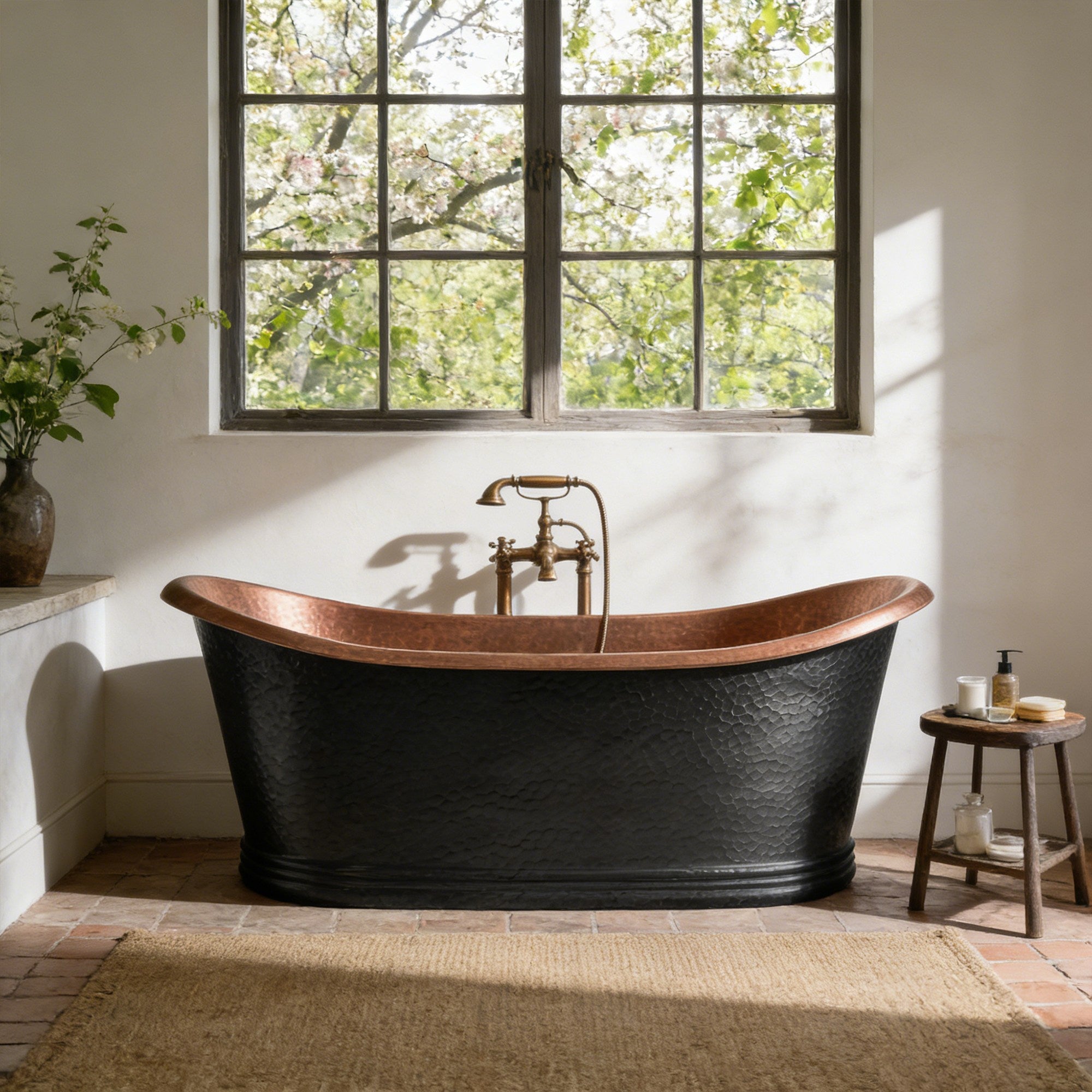Double-Slipper Hand-Hammered Dark Patina Copper Freestanding Bathtub