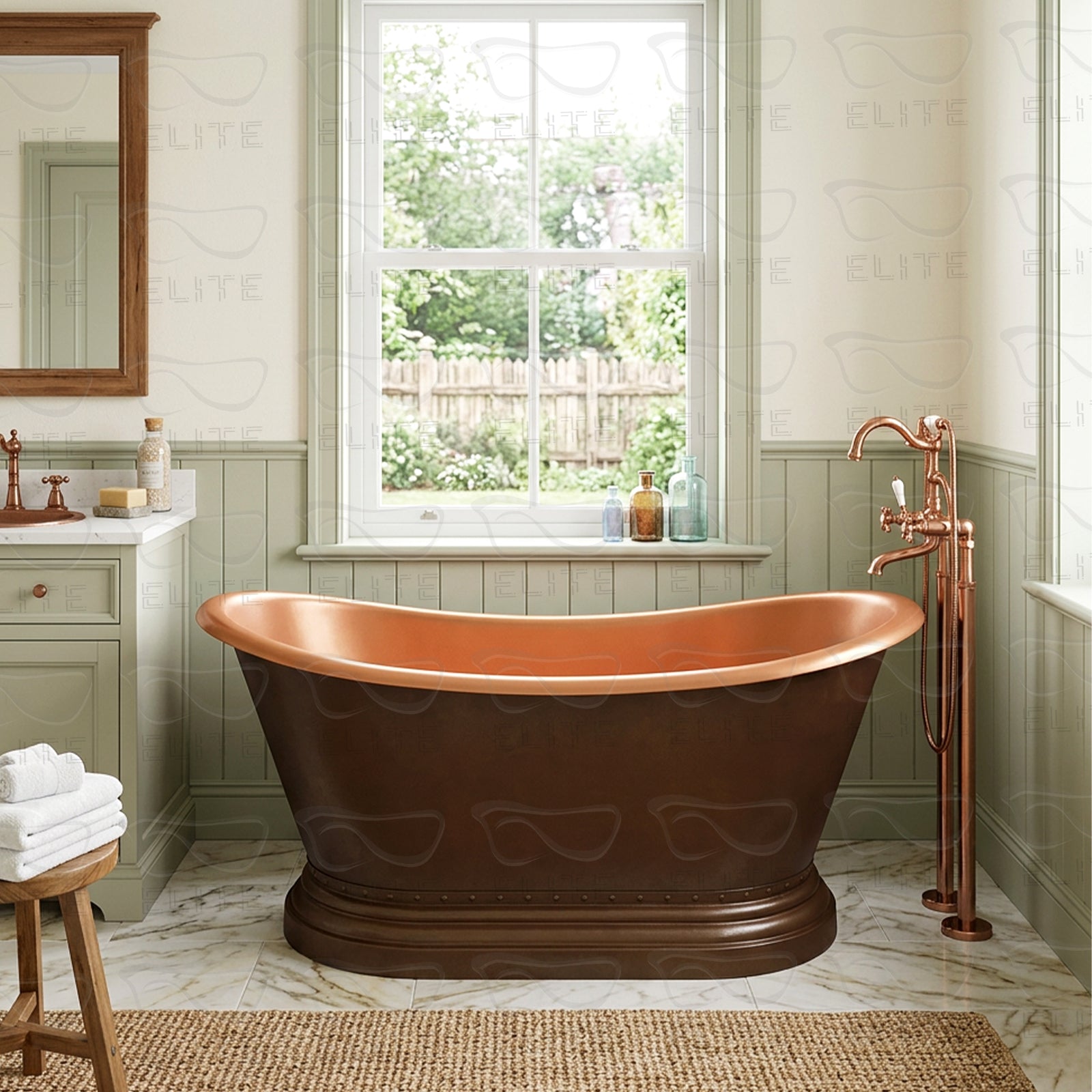 Bathroom with a Double-slipper Natural Patina Copper Freestanding Bathtub