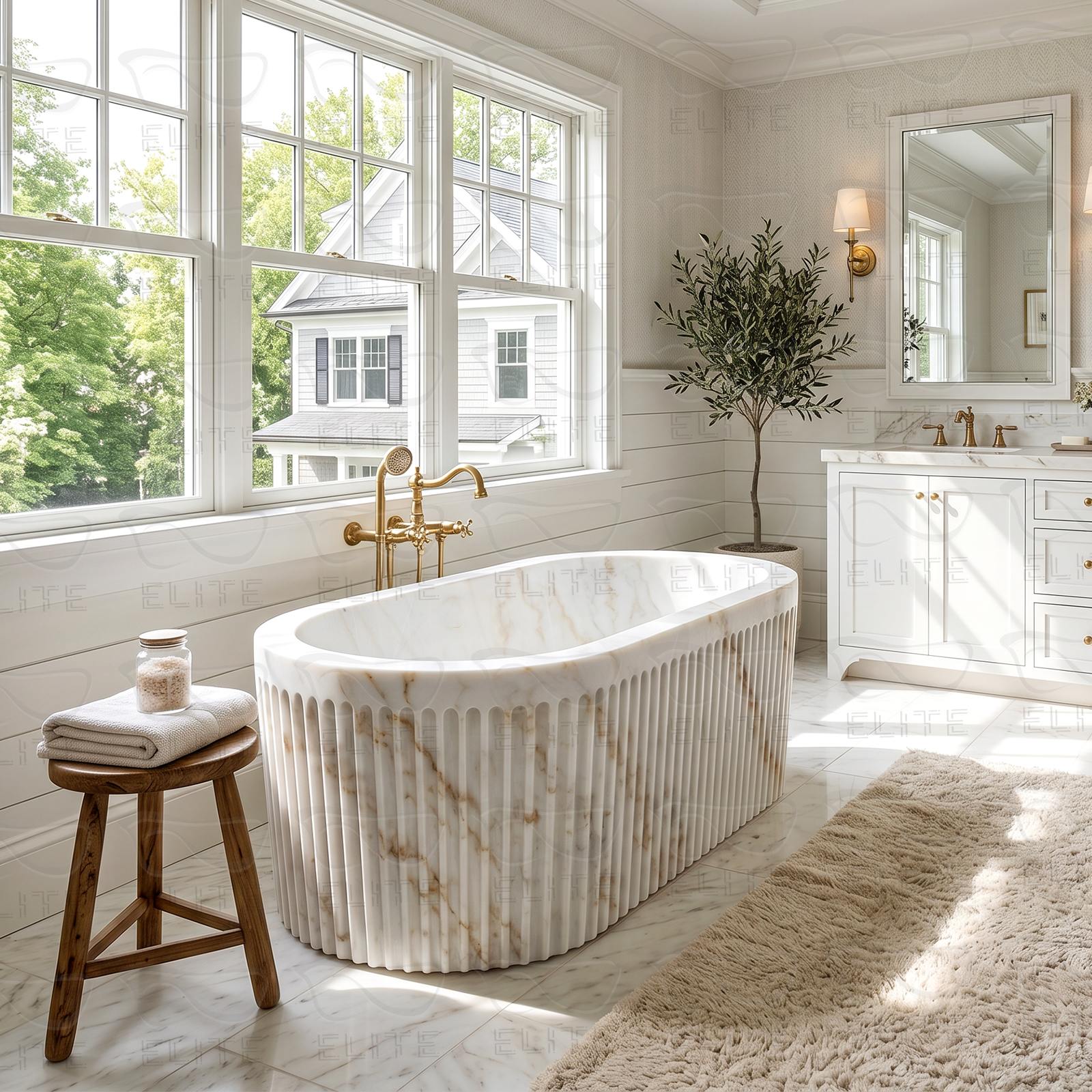 Elite Fluted Carrara White Natural Marble Bathtub Freestanding Soaking Tub ET-M-O38