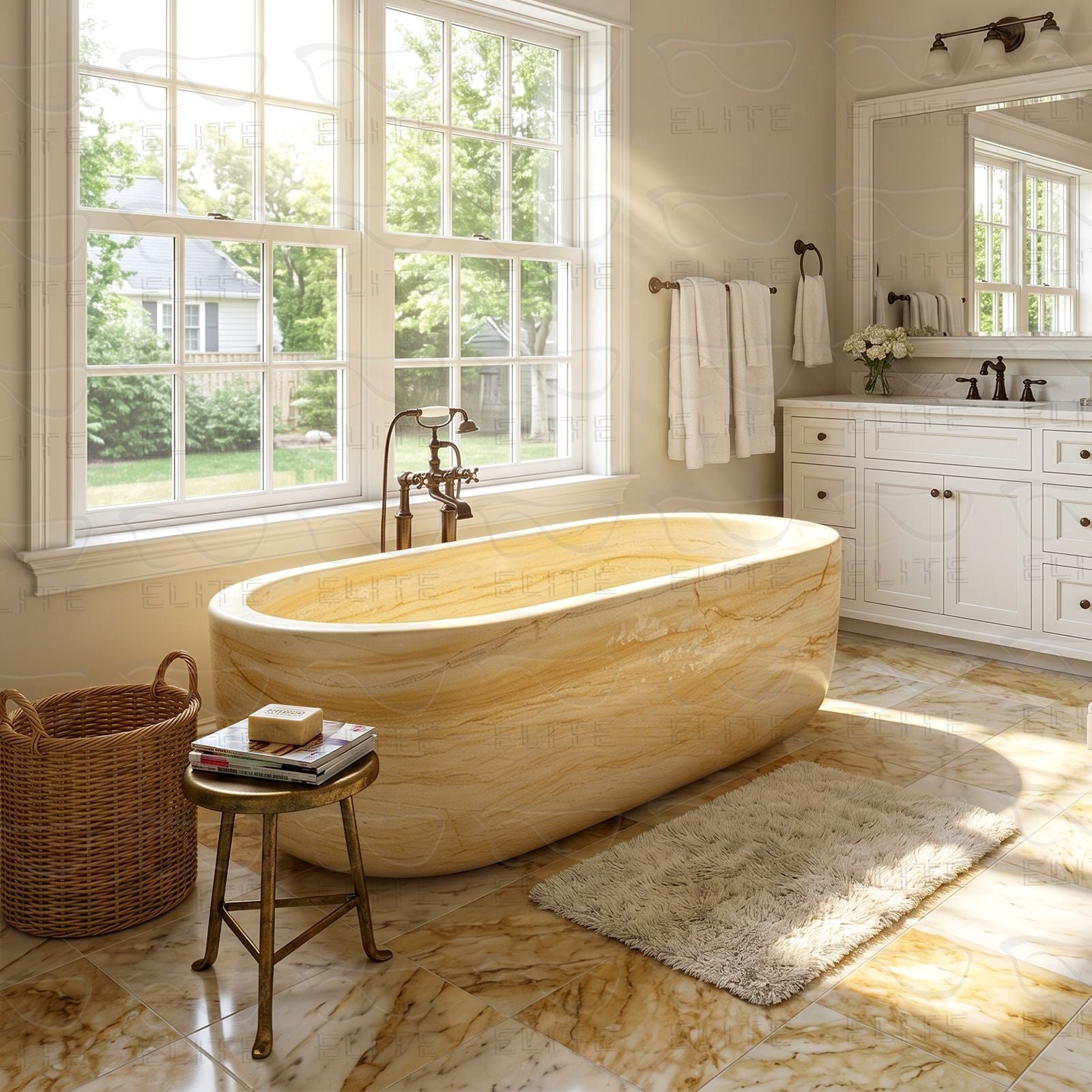 Luxurious Freestanding Stone Bathtub Natural Sandstone Tub with Head Rester