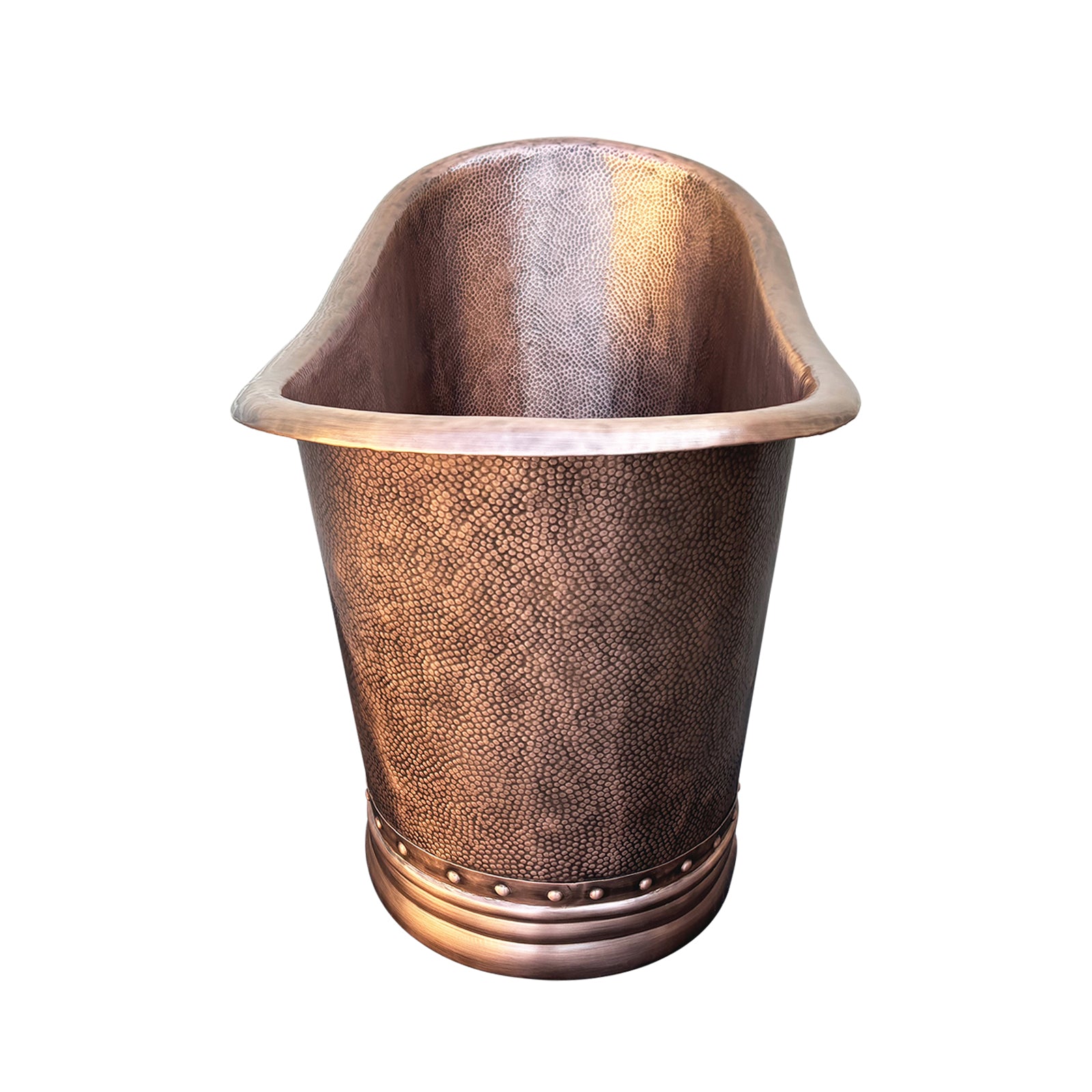 Freestanding Hammered Copper Tub, Double-Slipper Shape with Decorative Rivets