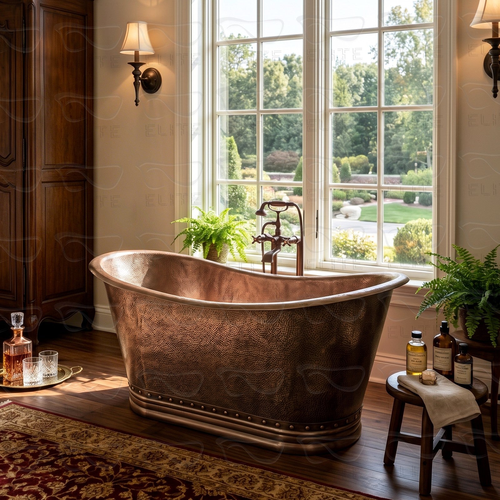 Hammered Double-Slipper Copper Freestanding Bathtub with Rivets