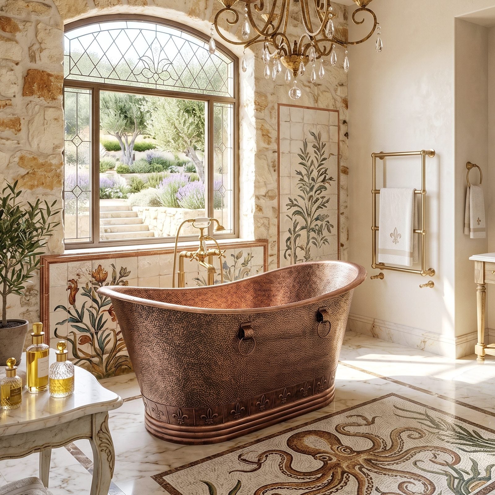 Hammered Double Slipper Copper Freestanding Bathtub with Straps and Rivets