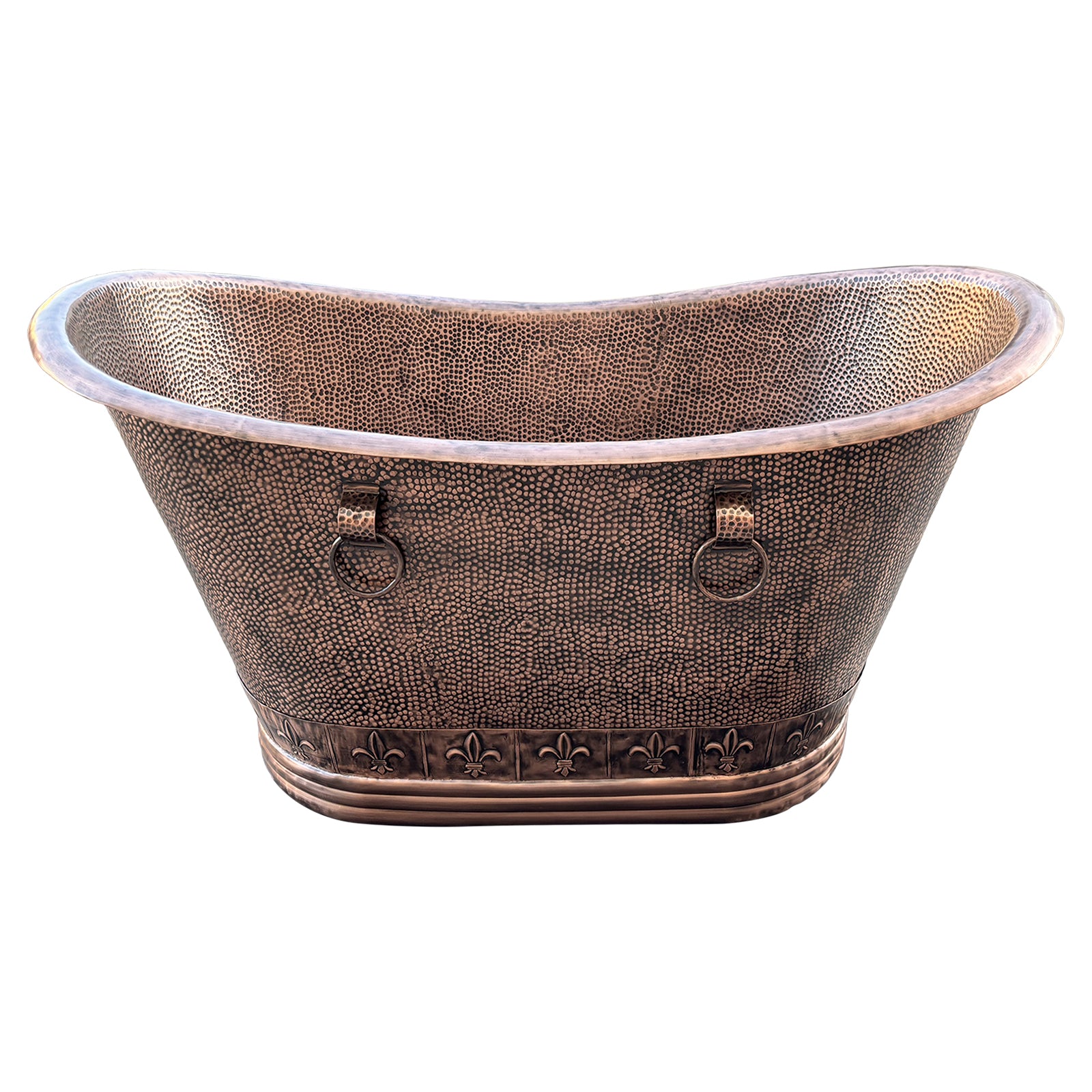 Vintage Hammered Copper Pedestal Bathtub with Rivets and Straps