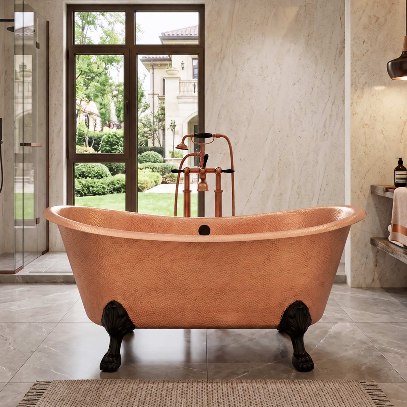 Elite Hand Hammered Natural Copper Double-Slipper Freestanding Bathtub with Clawfoot ET-C-F09