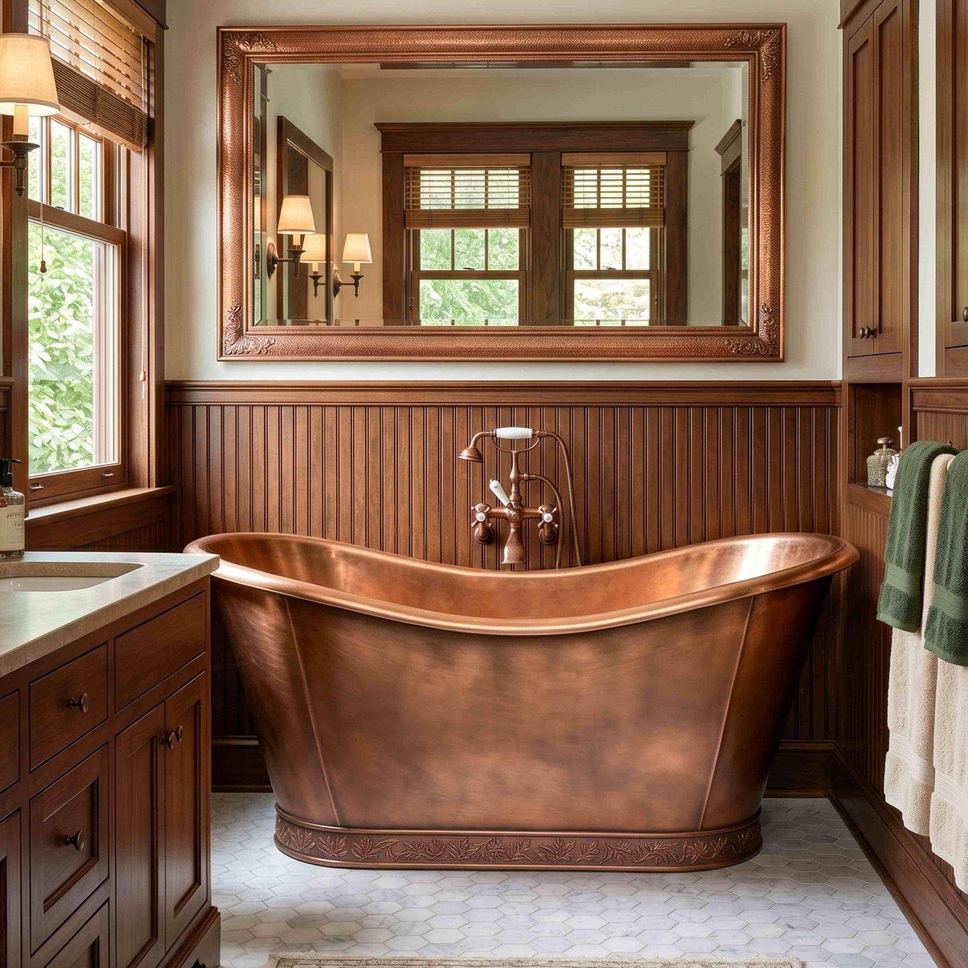 Handcrafted Double-Slipper Copper Pedestal Bathtub with Straps