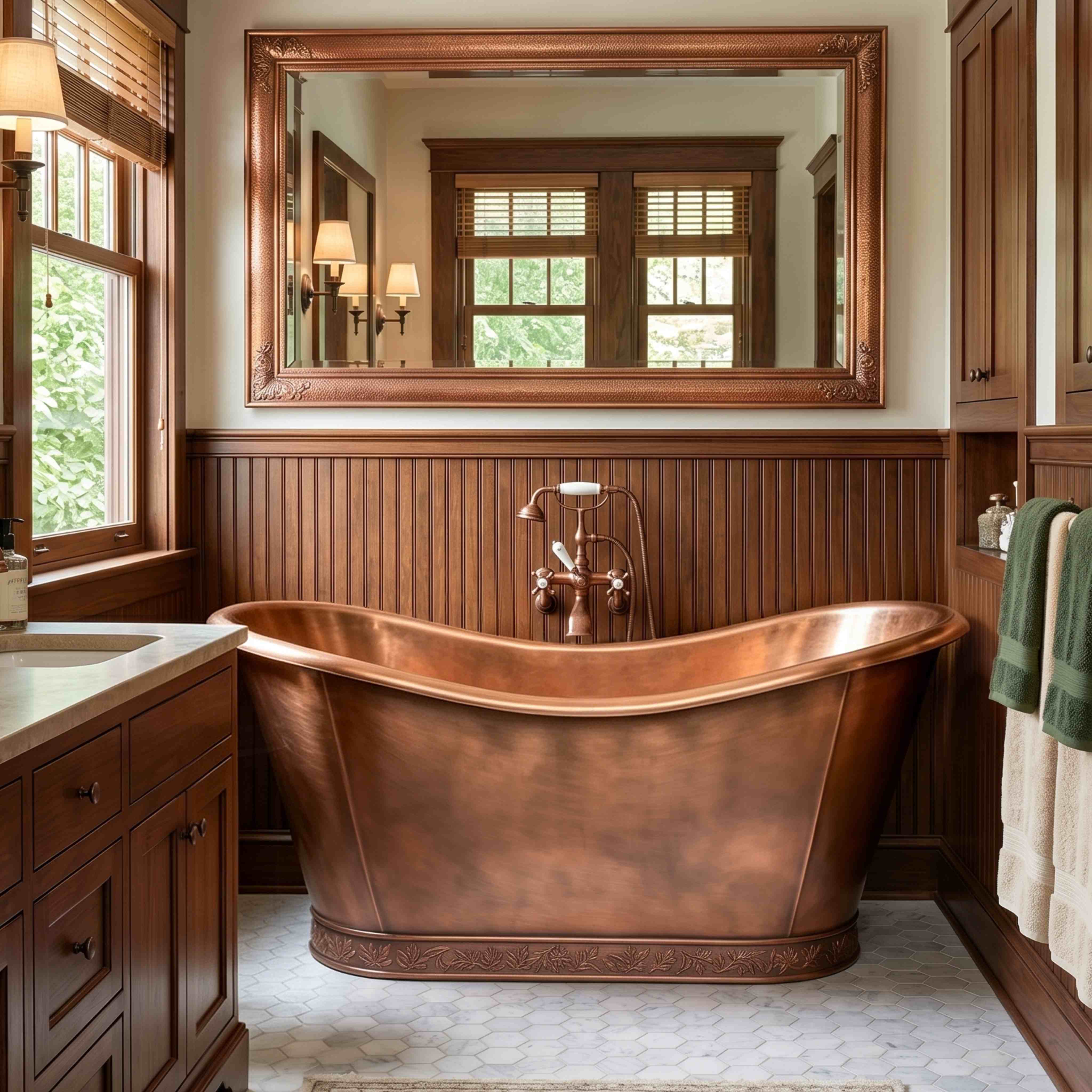 Handcrafted Double-Slipper Copper Pedestal Bathtub with Straps