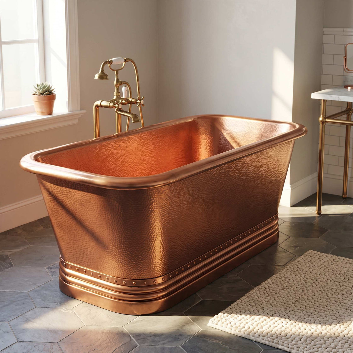 Handcrafted Hammered Copper Freestanding Bathtub with Rivet Detailing