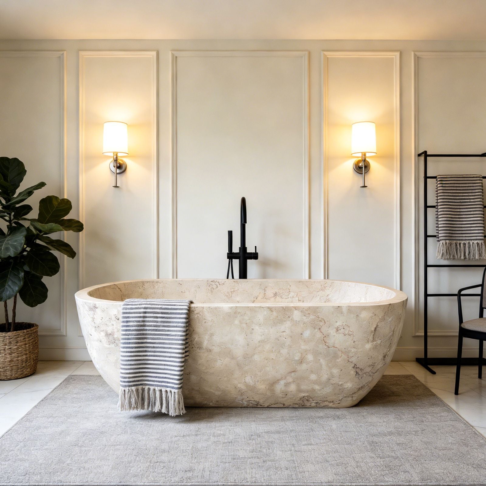 Hand-Carved Natural Marble Bathtub Freestanding Solid Stone Tub