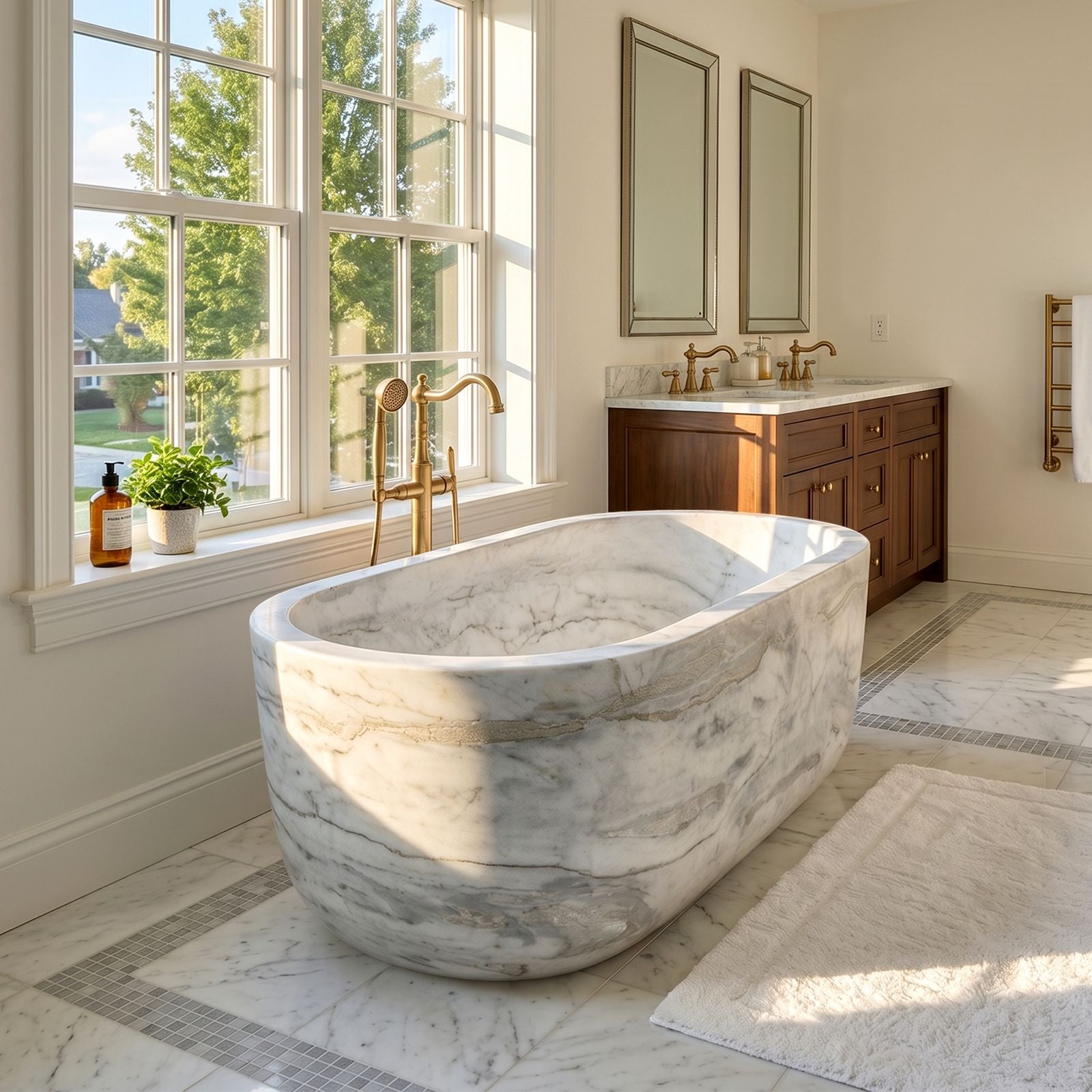 White Marble Bathtub Freestanding Natural Stone Tub in Modern Bathroom