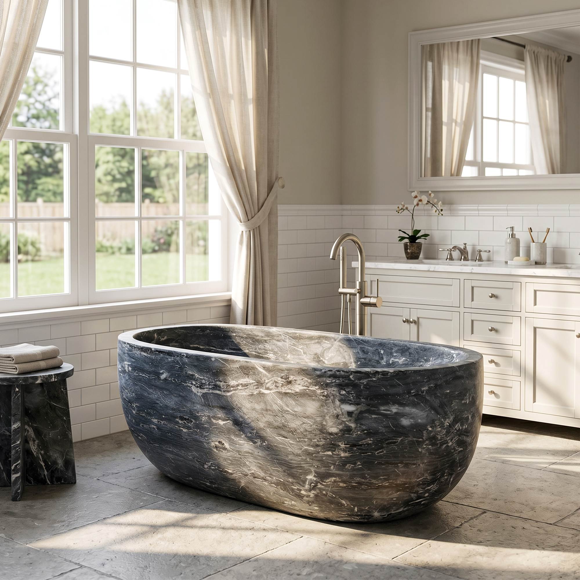 Elite Ocean Blue Oval Marble Freestanding Bathtub Luxury Soaking BathtubET-M-O44