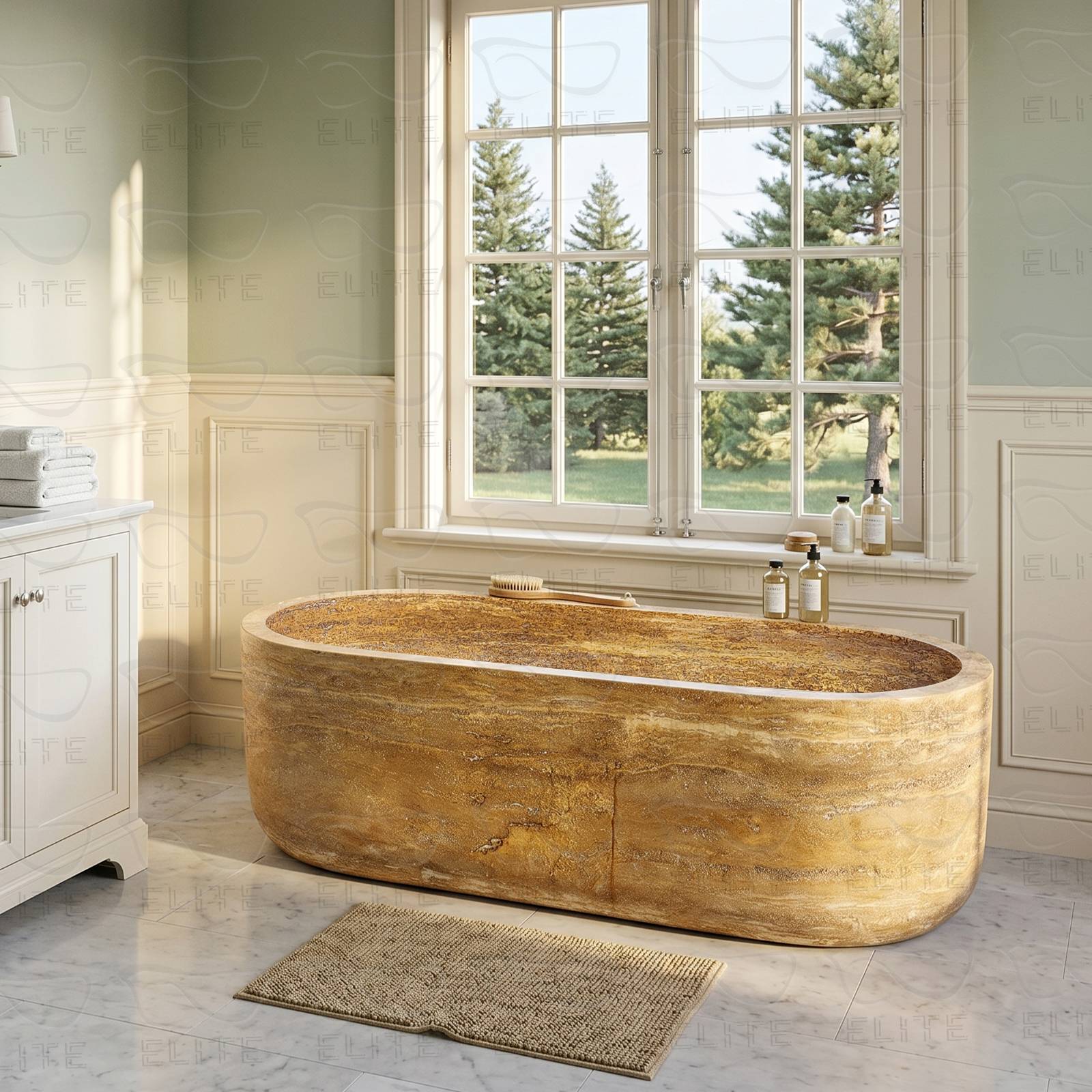 Oval Marble Freestanding Bathtub Luxury Soaking Gold Travertine Tub from Elite Bathtub