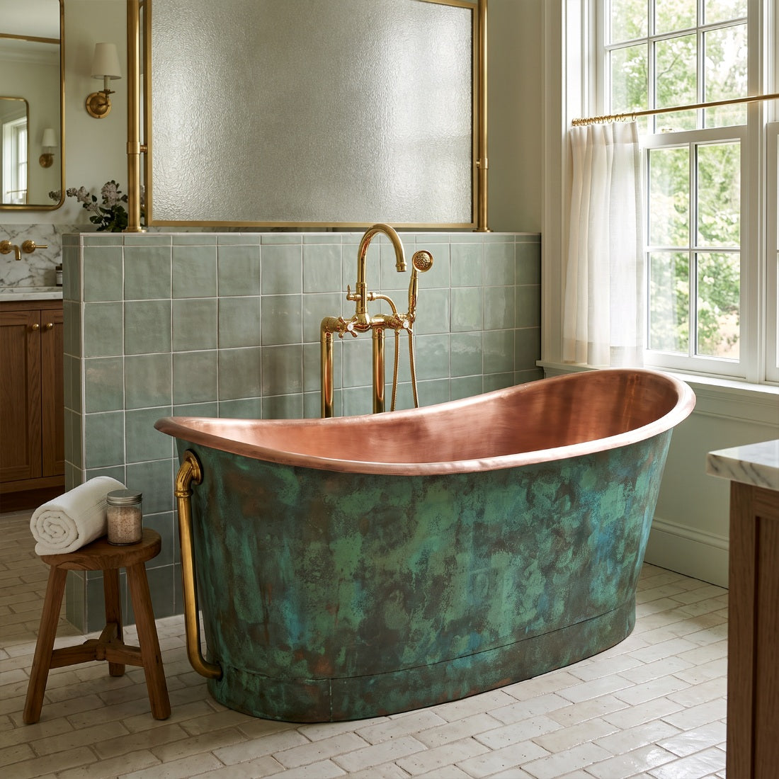 Elite Single-Slipper Rustic Green Copper Freestanding Bathtub ET-C-SS05