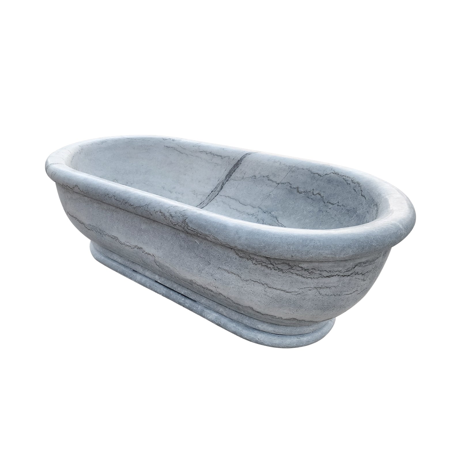 Elegant oval freestanding bathtub crafted from natural white marble with grey veining