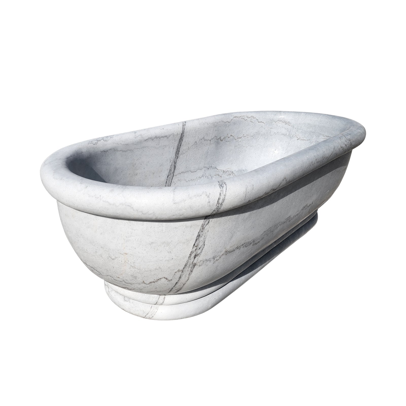 Natural white marble freestanding bathtub with intricate grey vein patterns and a sturdy pedestal base
