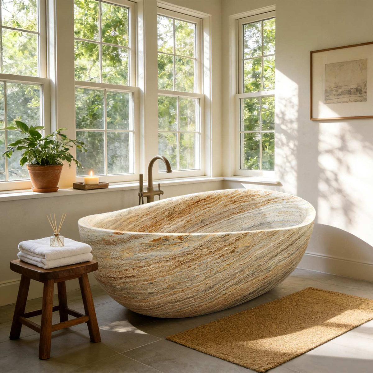 Elite Tear-drop Shaped Natural Travertine Bathtub Freestanding Tub ET-M-T14