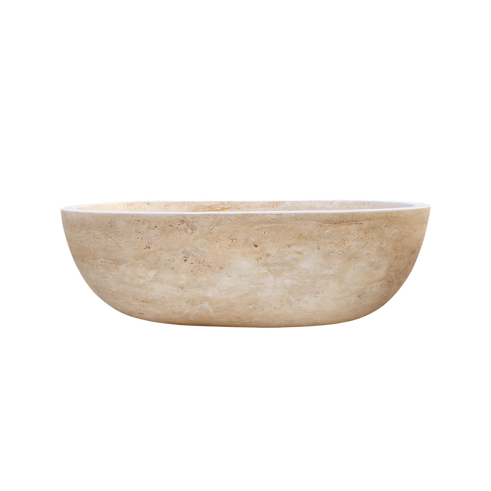 Freestanding oval travertine bathtub, natural stone soaking tub with warm earthy finish