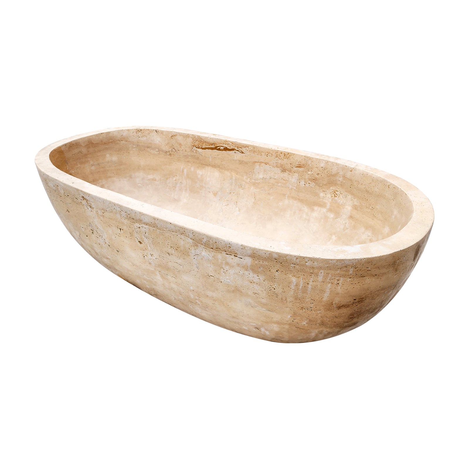 Freestanding oval travertine bathtub, natural stone soaking tub with warm earthy finish