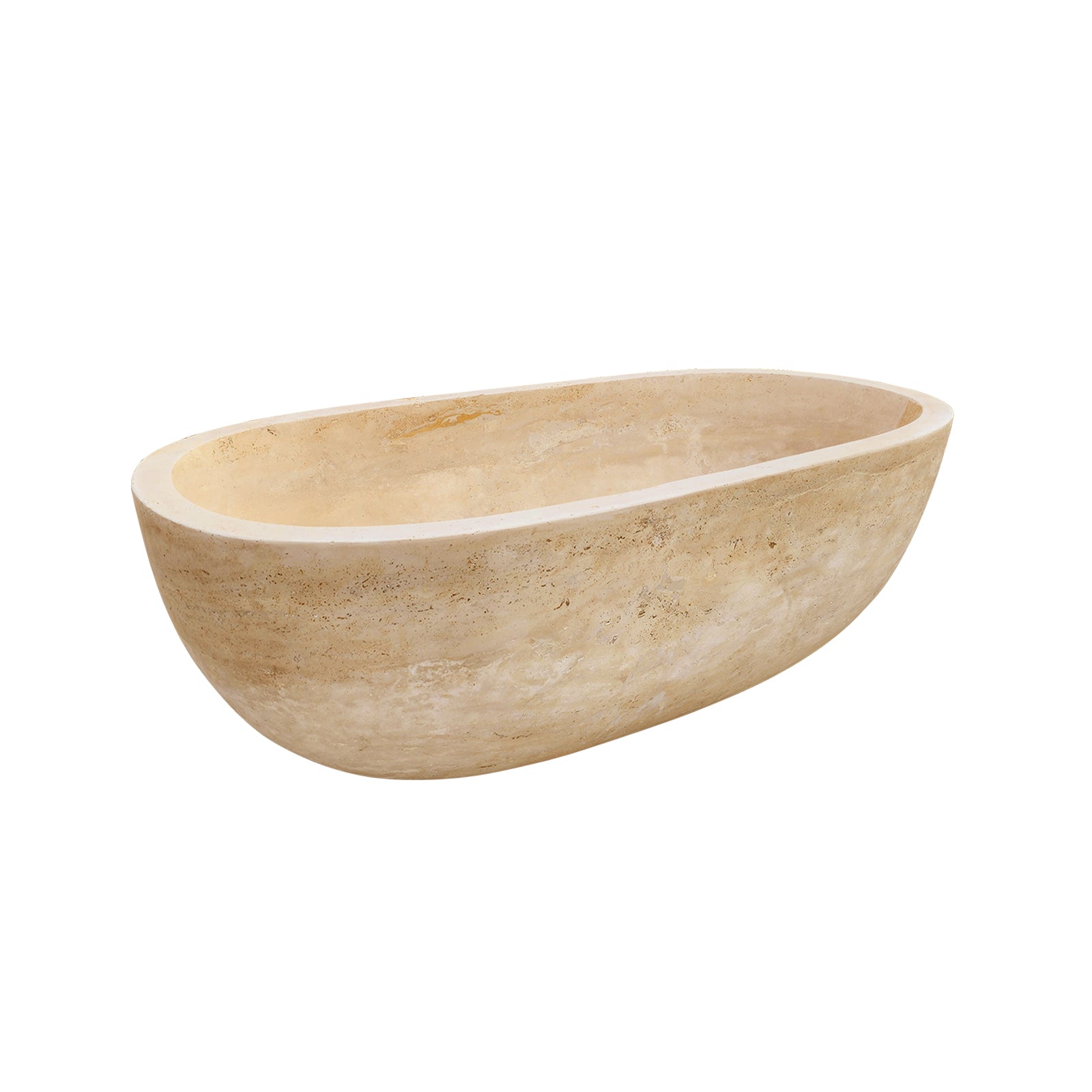 Freestanding oval travertine bathtub, natural stone soaking tub with warm earthy finish