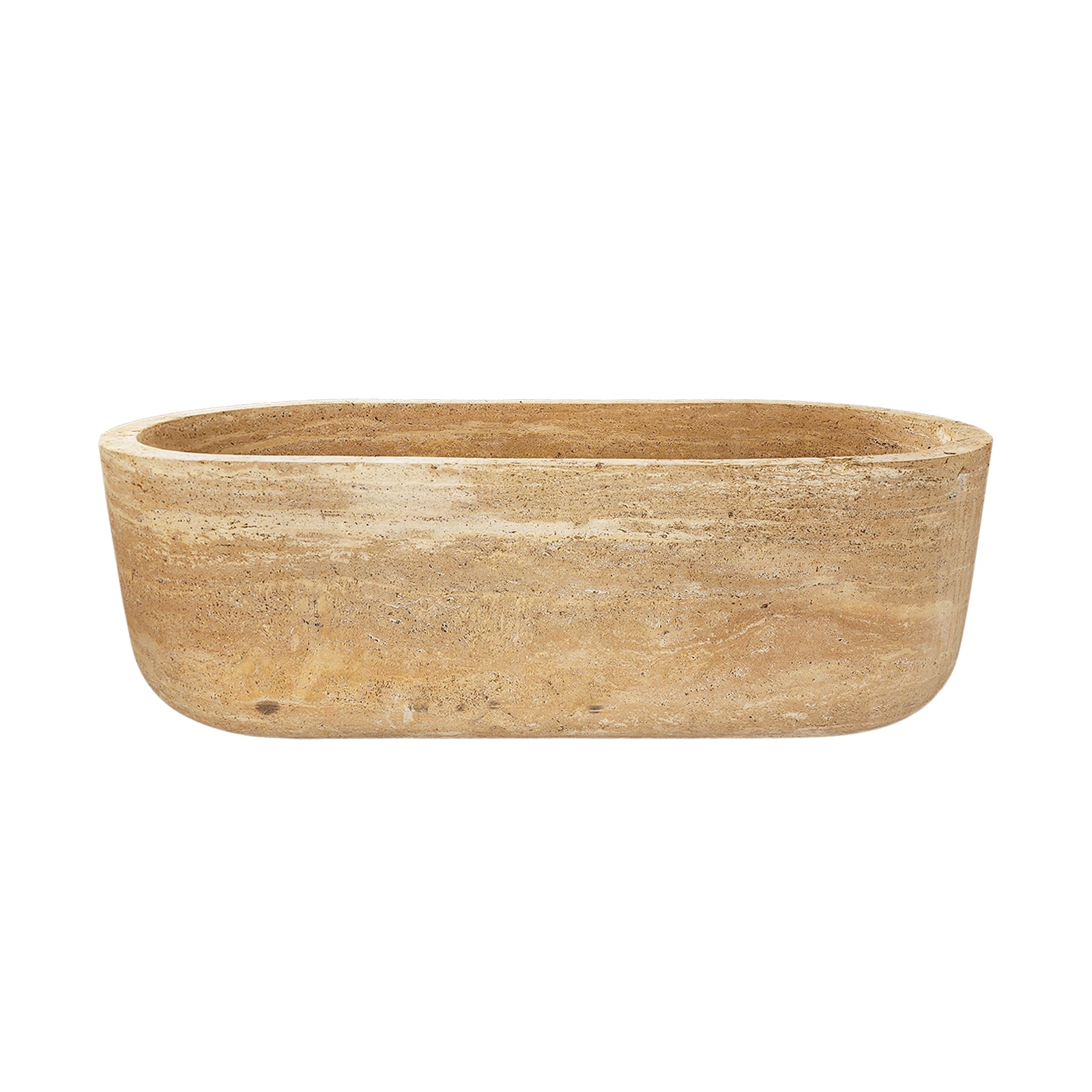 Freestanding oval travertine bathtub, natural stone soaking tub with warm earthy finish
